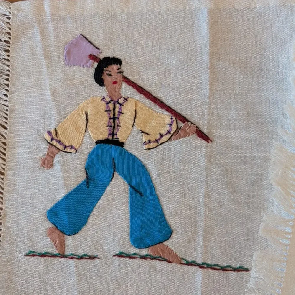 Vintage set of 6 hand embroidered & appliqued placements, 7.5